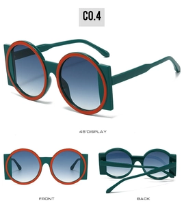 Vues détaillées de lunettes de soleil rondes vertes avec accents orange et verres bleus