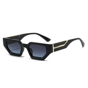 Retro square black frame sunglasses with grey blue gradient lenses and gold metal accents