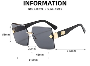 Detailed dimensions of frameless gradient sunglasses with golden flower and logo details