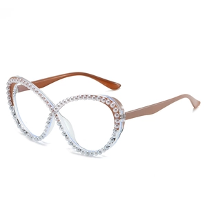 Fashion cat-eye rhinestone glasses with pearl-embellished clear frames and tan temples