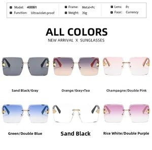 Detailed specifications and six color variants of rimless gradient fashion sunglasses