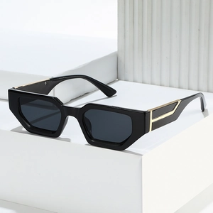 Retro rectangular sunglasses with black geometric frame and gold metal temple accents