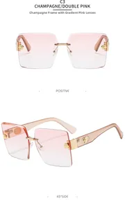 Detail of rimless gradient pink sunglasses featuring gold rose floral metal hinge accents