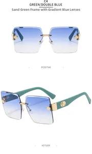 Detail view of rimless square sunglasses with blue gradient lenses and camellia flower