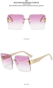 Detail of rimless square sunglasses with camellia metal hinges and purple gradient lenses
