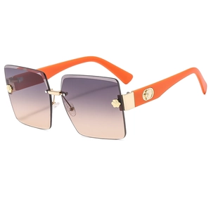 Frameless square sunglasses with purple-pink gradient lenses and orange temples