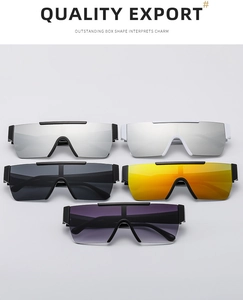 Detailed assortment of oversized flat top shield sunglasses in various mirrored lens colors