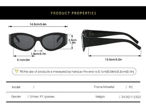 Detailed size chart for retro cat eye sunglasses showing frame width and PC material specs