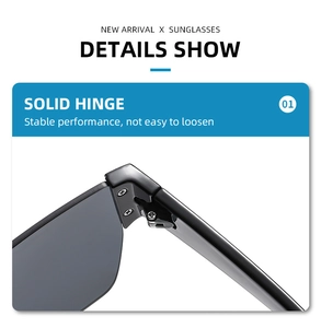 Detail view of the solid metal hinge and reinforced screws on the rimless sunglasses