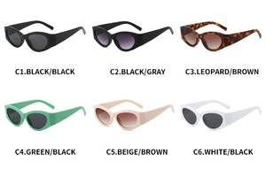 Showcase of six stylish cat-eye sunglasses in black, tortoiseshell, green, beige, and white
