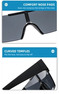 Detail of integrated comfort nose pads and curved temples on black fashion sunglasses
