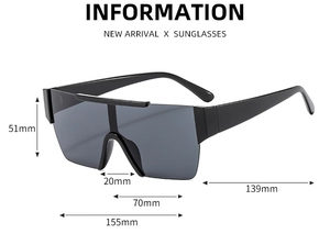 Detailed dimensions of oversized frameless sunglasses with 155mm width and 139mm temples