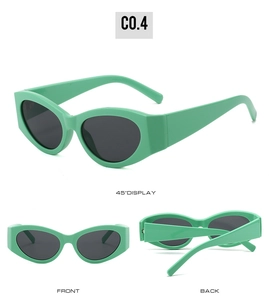 Three-angle view of vintage mint green thick frame cat-eye sunglasses with gray lenses