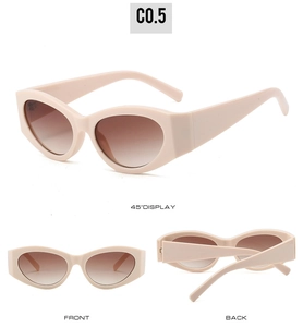 Three-angle view of vintage cat-eye sunglasses in nude pink frames with gradient lenses