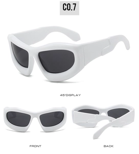 Vue sous trois angles de lunettes de soleil sport Y2K blanches, face, dos et profil