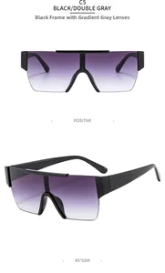 Detail view of C5 rimless shield sunglasses featuring black frame and gradient purple lenses