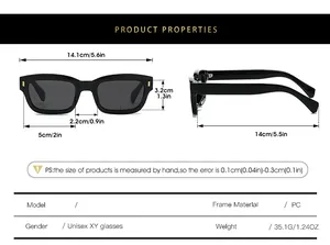 Detailed size chart for small frame sunglasses showing measurements and PC material specs