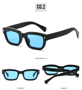 Three-way view of small frame black sunglasses with blue lenses and gold details