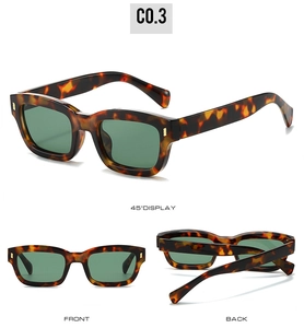 Three-angle view of tortoiseshell rectangle sunglasses with gold temple accents and green lenses