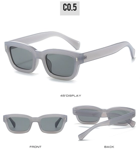Detailed views of small square sunglasses with matte grey frame and dark lenses