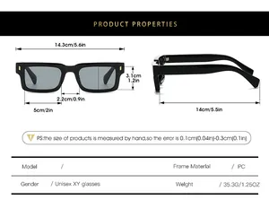 Detailed size chart for retro rectangle sunglasses with precise dimensions and PC frame info