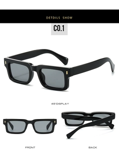 Detailed views of retro square sunglasses with thick black frames and gold metal accents