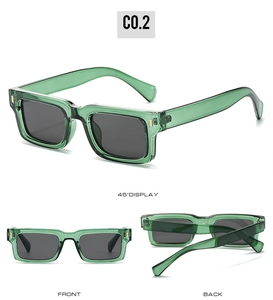 Three-way view of green translucent square sunglasses showing front, back, and side angles