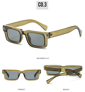 Multi-angle view of vintage rectangle sunglasses in olive green frame with grey lenses