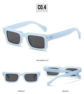 Three-way view of light blue square sunglasses showing front, back, and 45-degree angle
