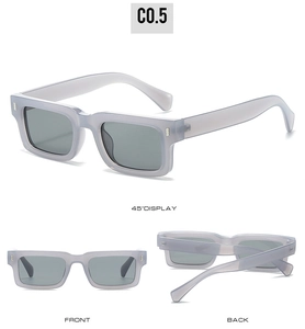 Three-angle view of vintage square sunglasses with grey frames and lenses in detail