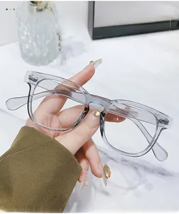 Detailed close-up of transparent light gray round frames with modern glossy finish