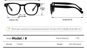Detailed size chart for retro round glasses showing PC frame dimensions and specifications
