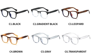Six different colors of vintage round glasses frames with silver rivets on white background