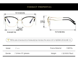 Detailed size chart for cat-eye metal glasses frame with precise dimensions and weight