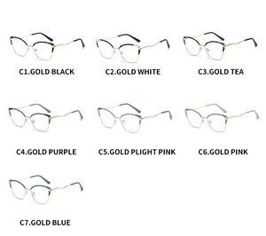 Cat-eye metal frame glasses with wavy temples shown in seven different color combinations