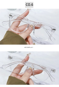 Detail of transparent round frame glasses showing the front and 45-degree angle views