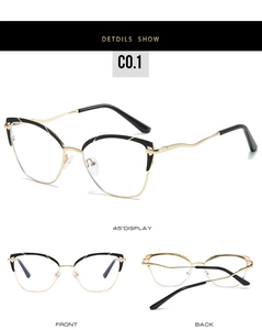 Detailed views of cat-eye glasses frame with wavy metal temples and black gold finish