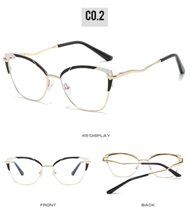 Detailed three-view display of cat-eye metal glasses with wavy temples and color splicing