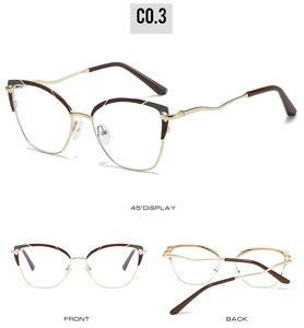 Detailed views of gold metal cat-eye frames with dark tortoiseshell brow detail