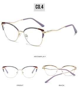 Detailed views of cat eye metal frame glasses showing 45-degree angle front and back