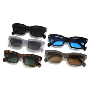 Retro small square frame sunglasses in five assorted colors with gold metal hinge detail