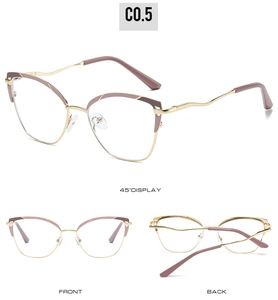 Three views of gold cat-eye glasses frames with mauve trim and wavy metal temples