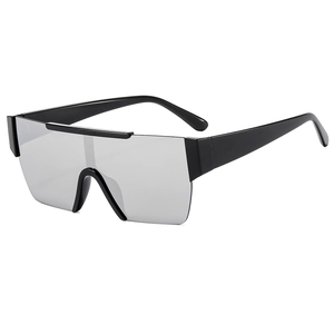 Futuristic frameless oversized square sunglasses with silver mirrored lenses and black frame