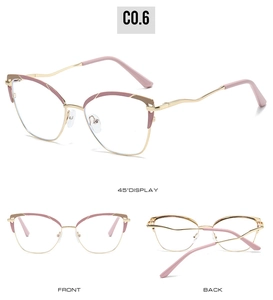 Detailed multi-angle views of gold and pink cat-eye metal glasses frames for women