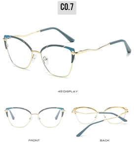 Three-way view of cat eye metal frames with wave temples and blue accents