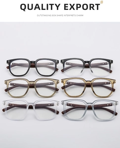 Detailed grid showing six polygon glasses frames with wood grain temples and metal rivets