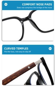 Detail view of comfortable nose pads and wood texture temples on black glasses frame