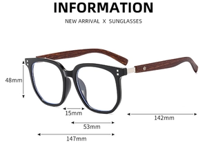 Detailed size specification chart for classic black wood grain frame eyeglasses