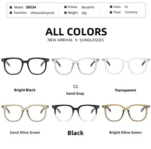 Detailed specs for model 36534 wood-texture frame glasses with multiple color options