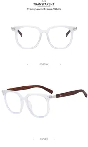 Detailed view of transparent square frames with dark brown wood grain textured temples